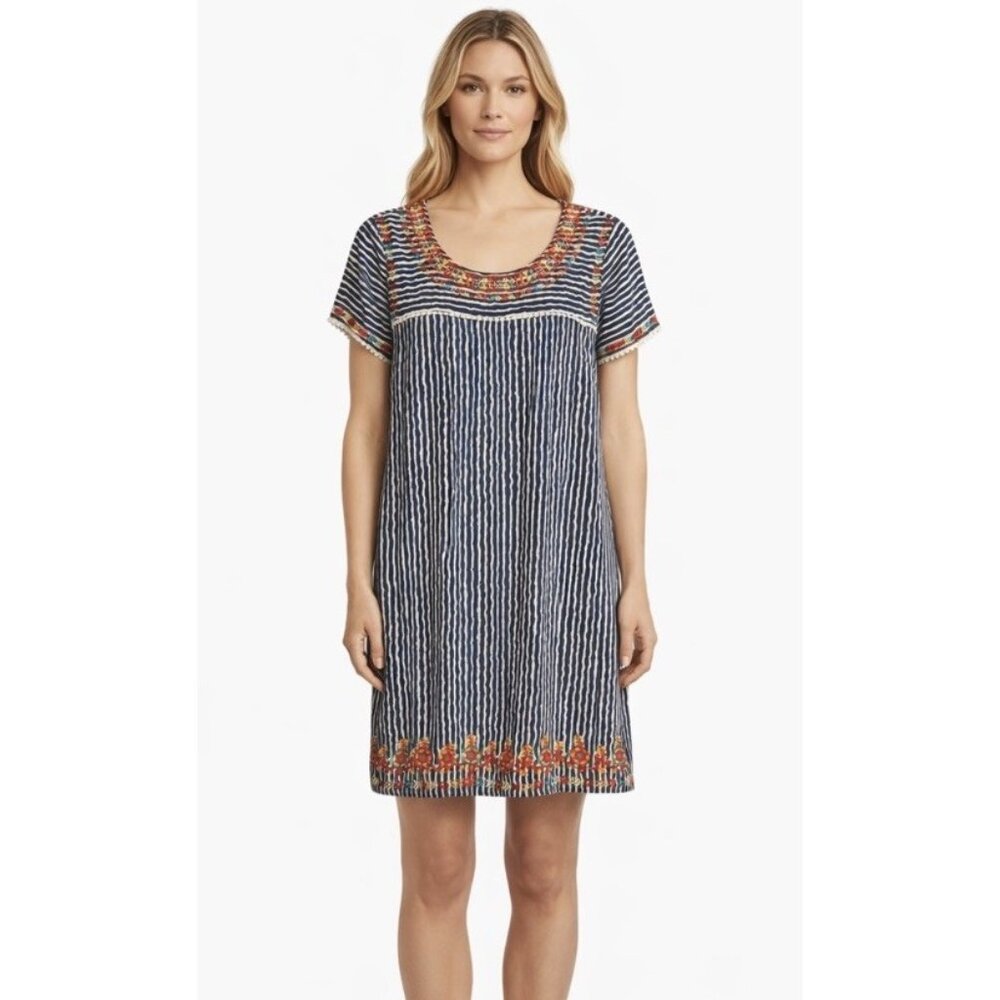 Anthropologie THML Blue Stripe Floral Embroidered Short Sleeve Shift Dress Large